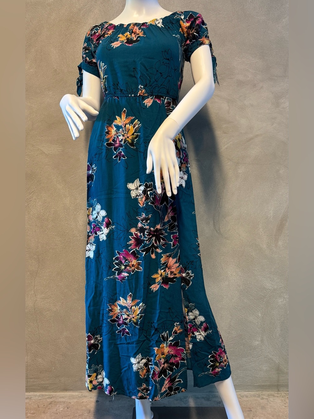 Band of Gypsies XS Teal Floral Maxi Dress Pockets Boho Festival 100% Viscose